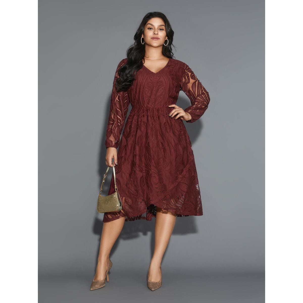 Plus Size Crochet Lace Mesh Lantern Sleeve Dress Burgundy Women Cocktail Overlapping Party Curvy Bloomchic 10/M Product Image