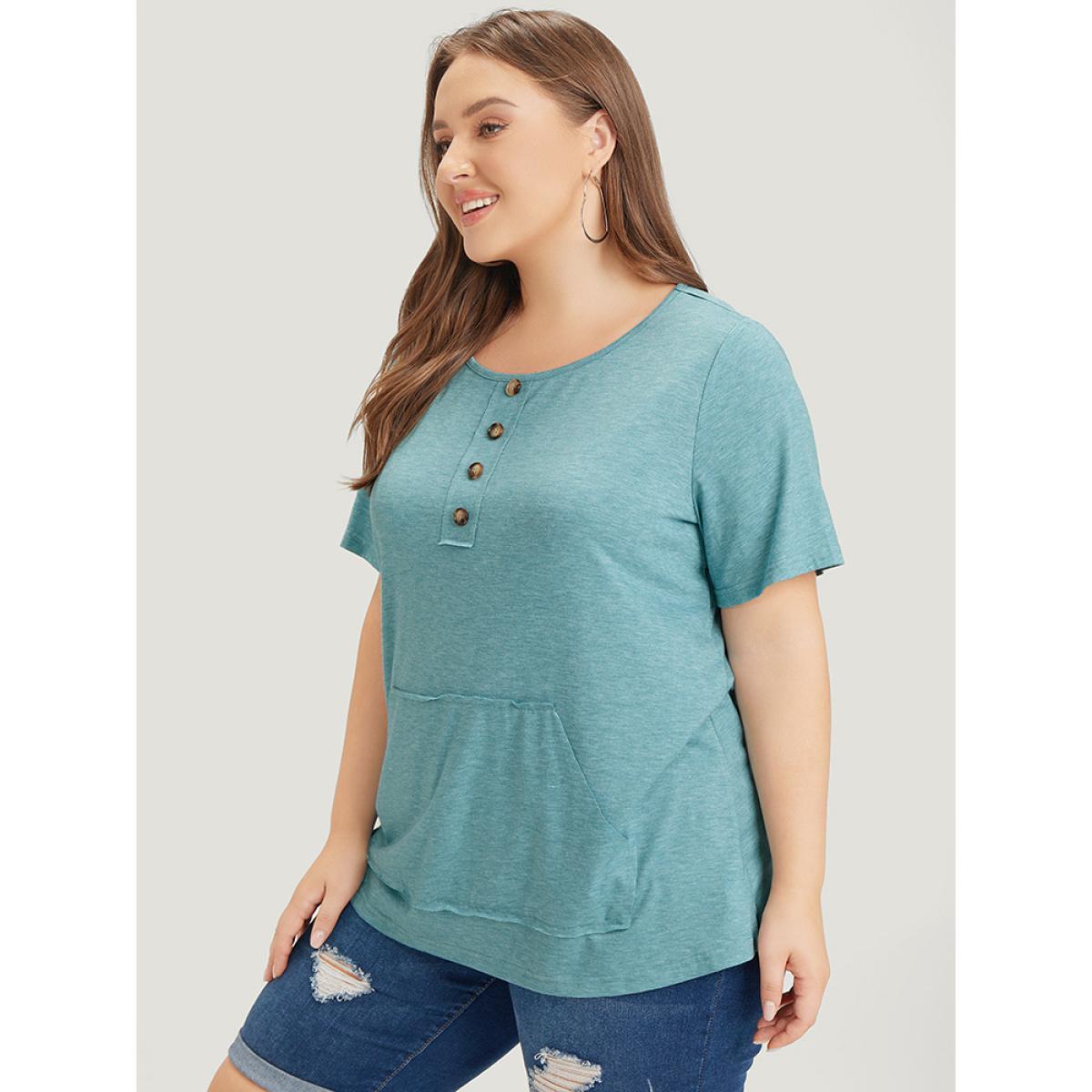 Plus Size Plain Heather Button Detail Patch Pocket T-shirt Cerulean Women Casual Heather Plain Round Neck Dailywear T-shirts BloomChic 10/M Product Image