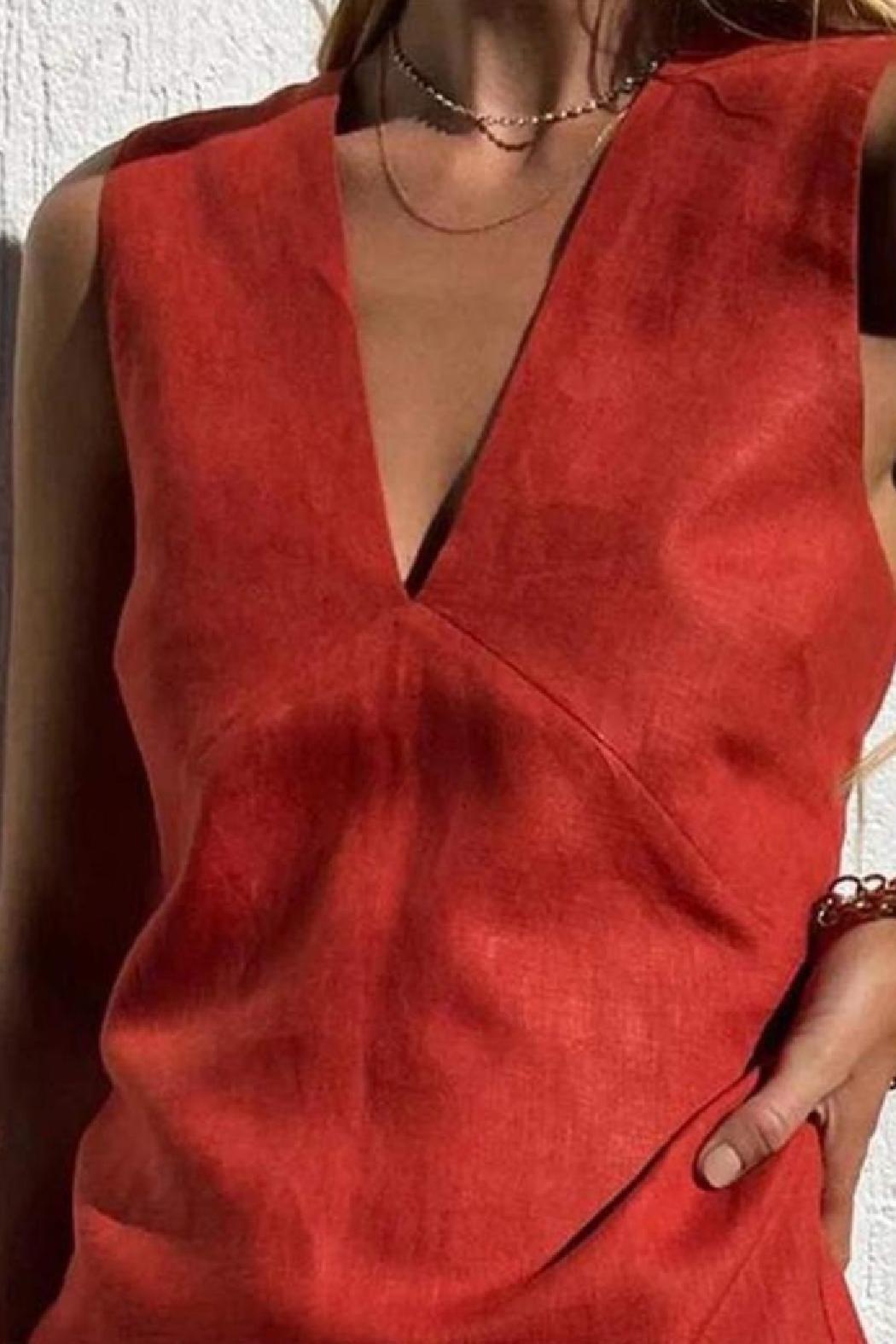 Linen V Neck Mini Dress Product Image