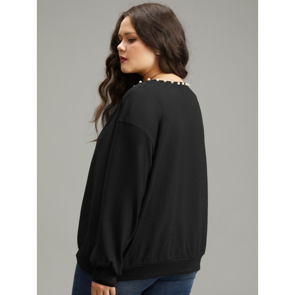 Plus Size Solid Pearl Beaded Open Front Coat Women Black Elegant Beaded Ladies Dailywear Winter Coats BloomChic 18-20/2X Product Image
