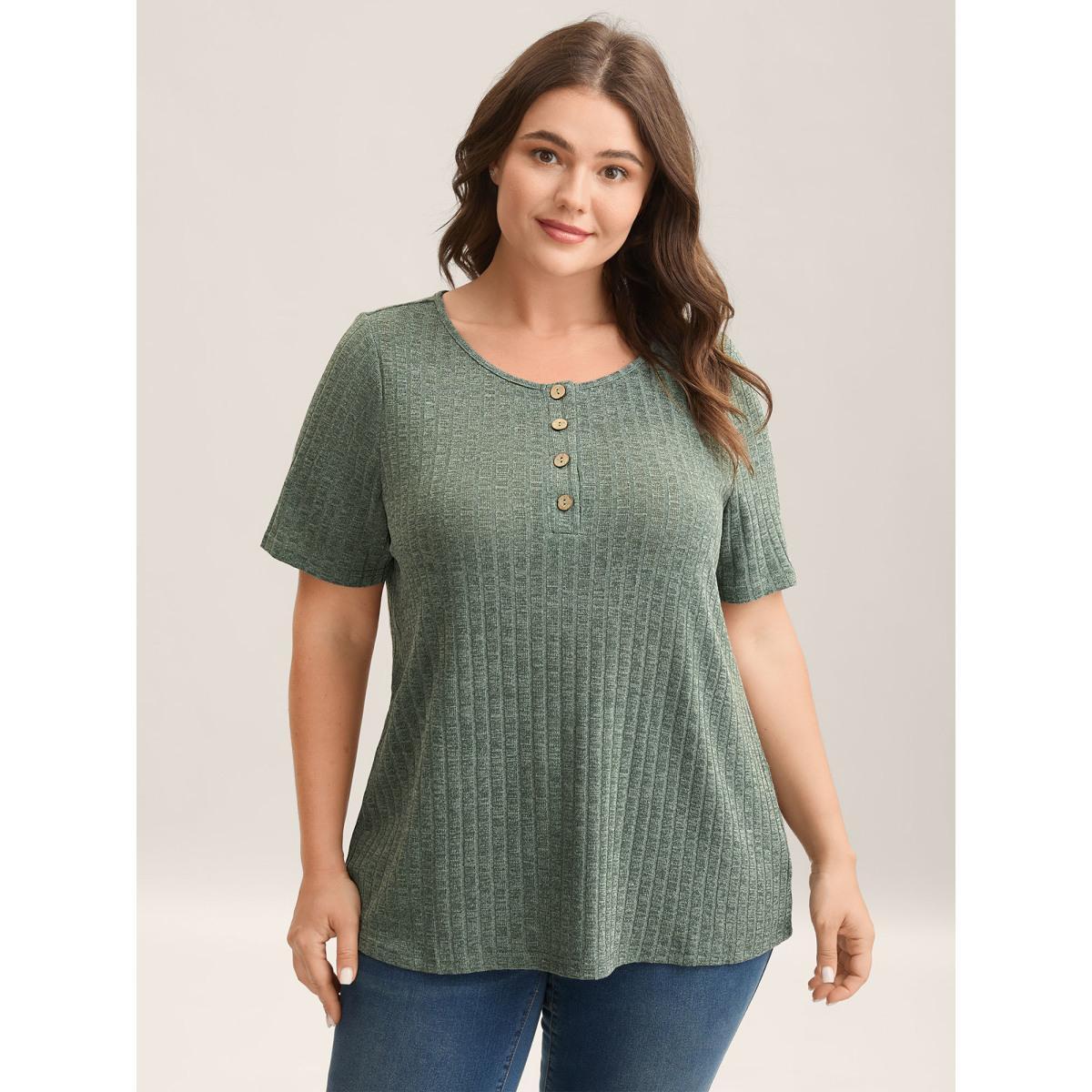 Plus Size Stretchy Textured Button Half Sleeve T-Shirt Sage Women Elegant Texture Round Neck Everyday T-shirts BloomChic 12/L Product Image