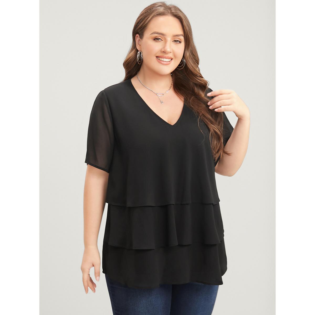 Plus Size Black Plain V Neck Mesh Ruffle Tiered Blouse Women Casual Short sleeve V-neck Dailywear Blouses BloomChic 28/5X Product Image