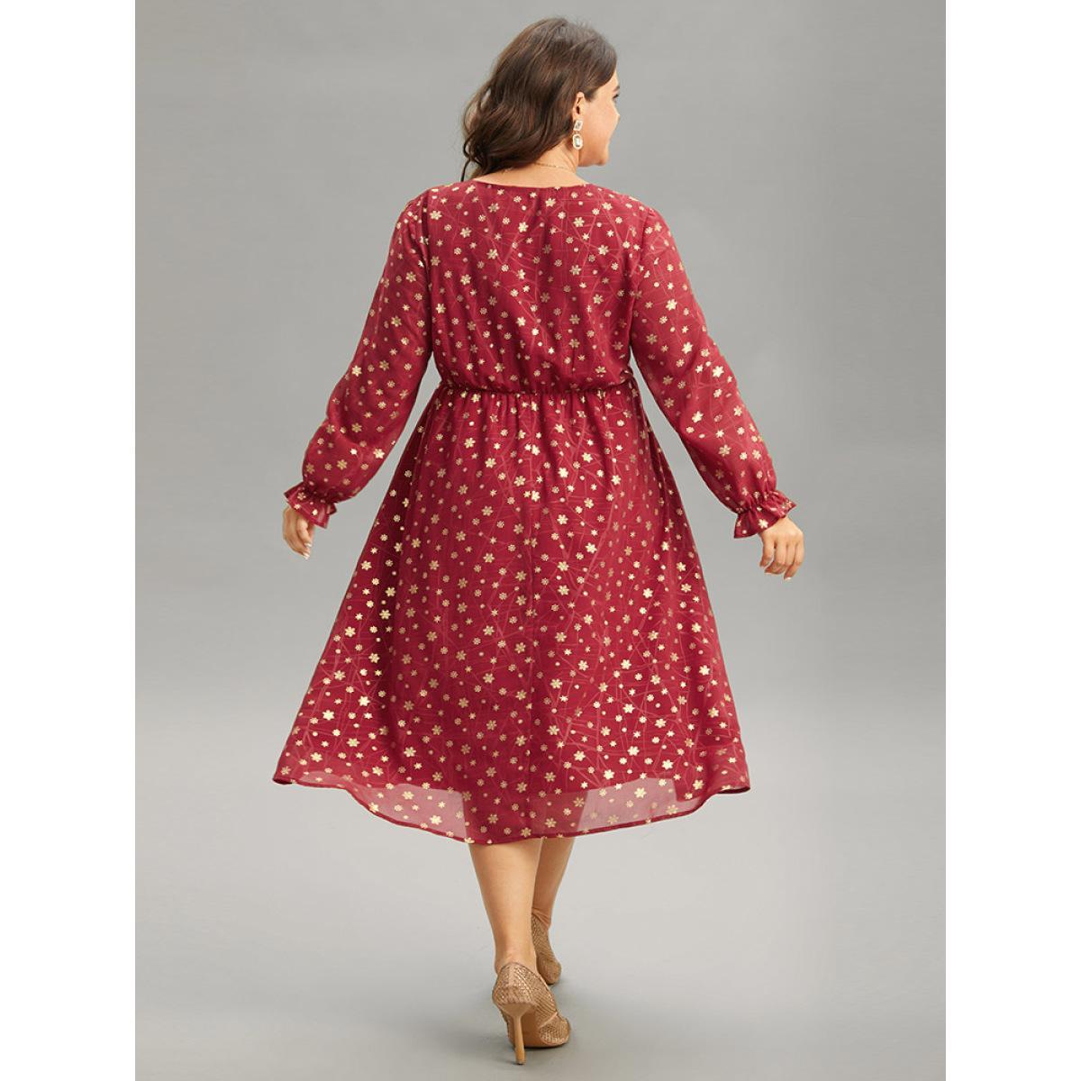 Plus Size Snowflake Glitter Mesh Gathered Ruffles Dress Scarlet Women Party See through V-neck Long Sleeve Curvy Midi Dress BloomChic 10/M Product Image