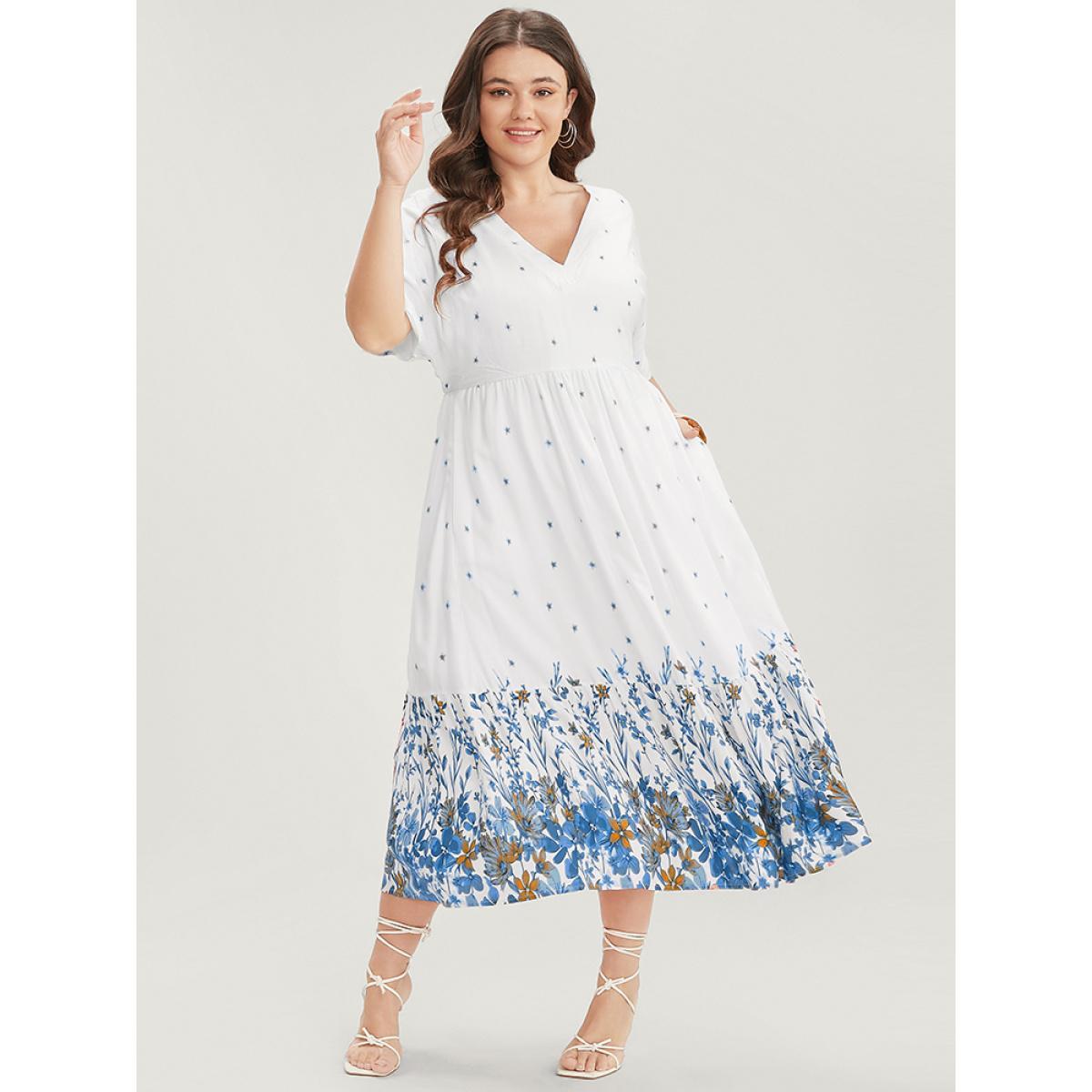 Plus Size Floral Print Dolman Sleeve V Neck Pocket Ruffle Hem Dress Cerulean Women Vacation Patchwork V-neck Half Sleeve Curvy Midi Dress BloomChic 26/4X Product Image