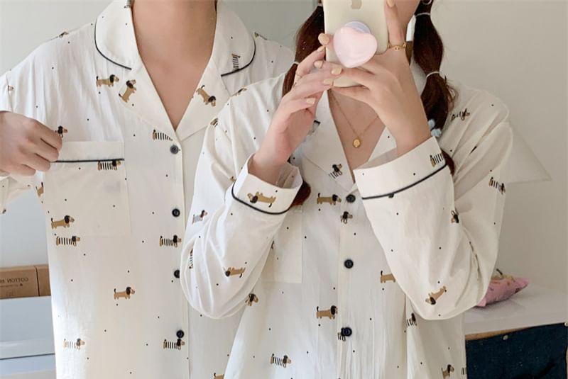 Couple Matching Pajama Set: Long-Sleeve Lapel Collar Dog Print Button-Up Top + Pants (Various Designs) Product Image