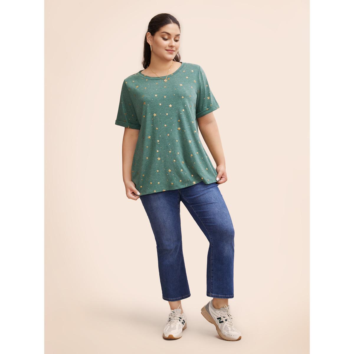Plus Size Star Glitter Cuffed Sleeve Crew Neck T-shirt Cyan Women Casual Heather Moon and Star Round Neck Dailywear T-shirts BloomChic 12/L Product Image