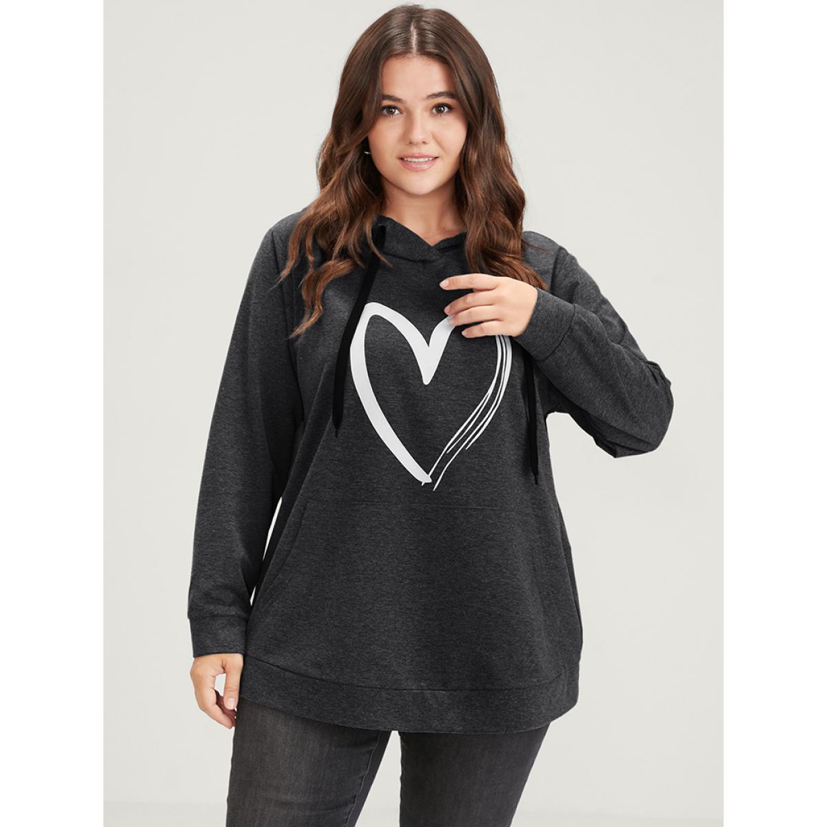 Plus Size Heart Print Drop Shoulder Pocket Drawstring Hooded Sweatshirt Women DarkGray Casual Plain Hooded Dailywear Sweatshirts BloomChic 28/5X Product Image