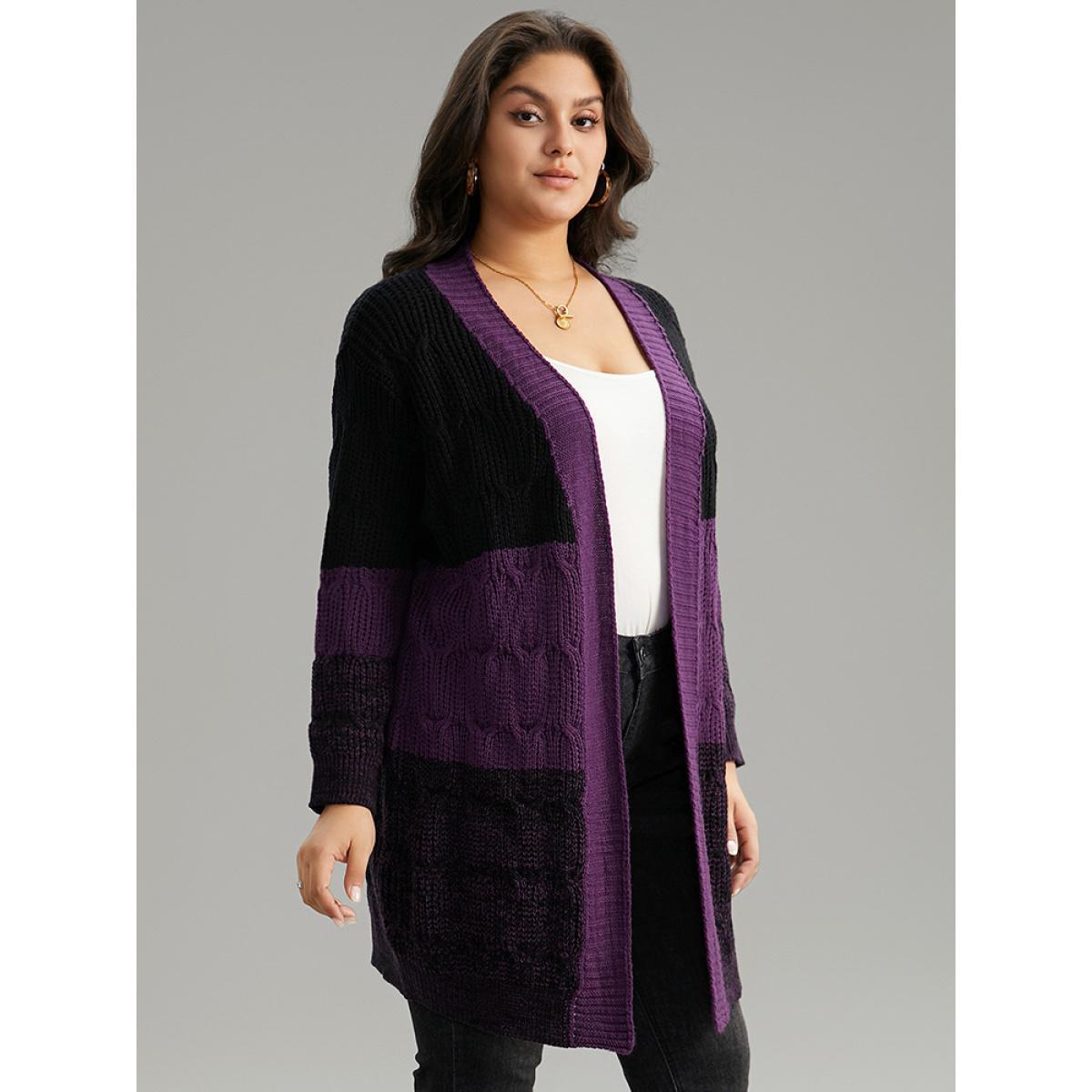 Plus Size Colorblock Heather Open Front Tunic Cardigan Purple Women Casual Loose Long Sleeve Dailywear Cardigans BloomChic 12/L Product Image