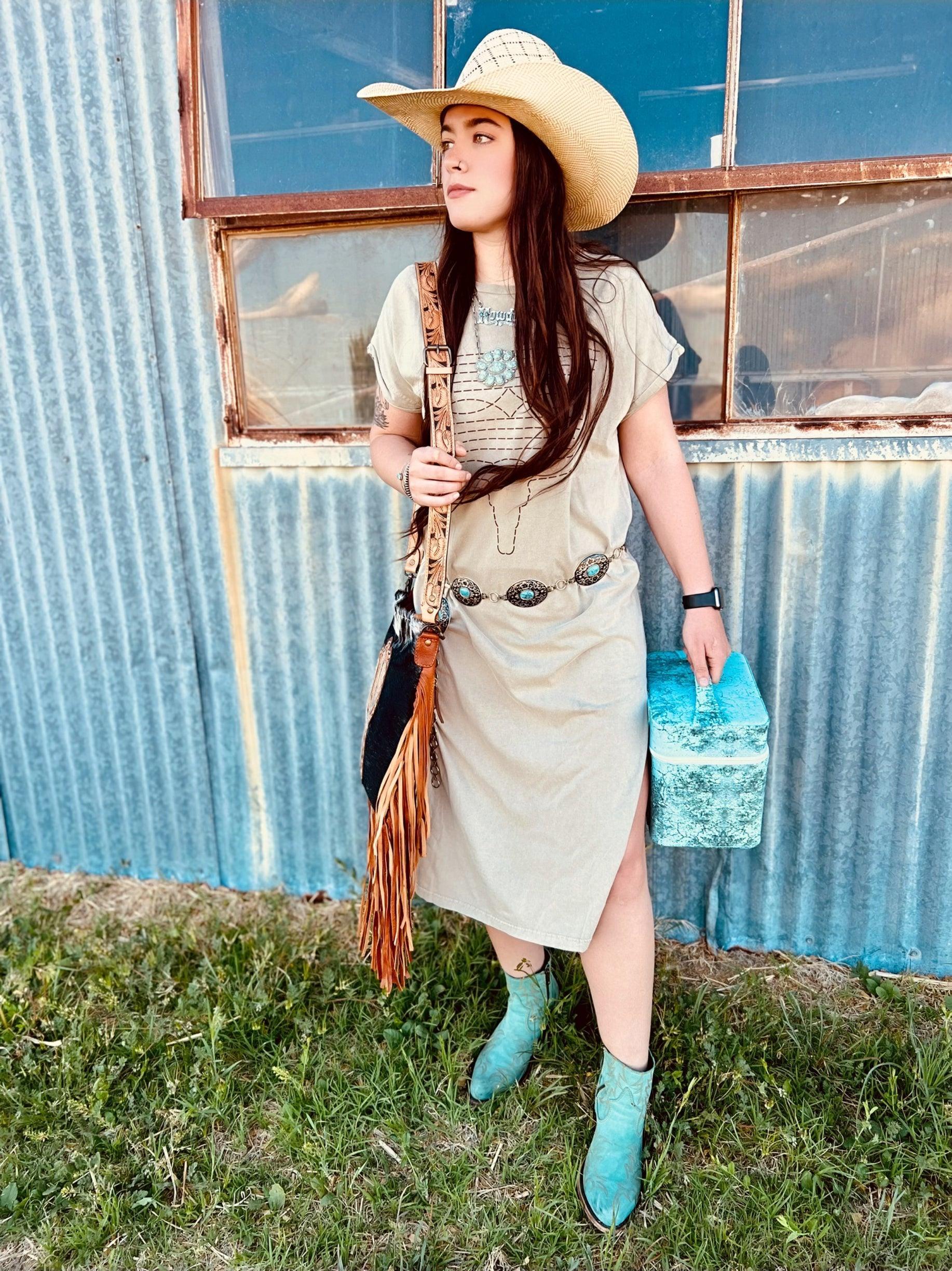 Boot Stitch T-shirt Slit to the Hip Tan Dress Product Image