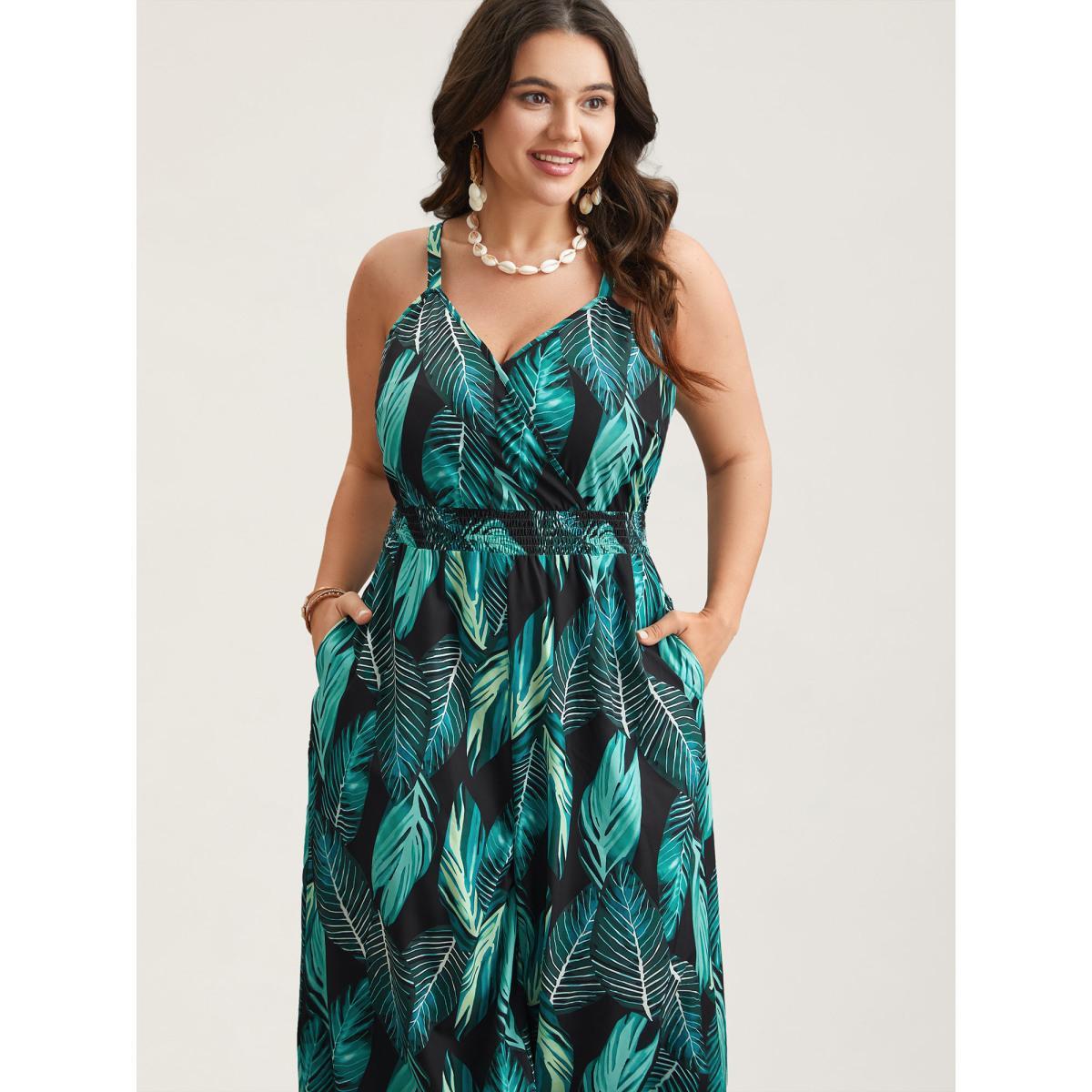 Plus Size Black Tropical Print Waist-Cinched Pockets Jumpsuit Women Resort Sleeveless Overlap Collar Vacation Loose Jumpsuits BloomChic 26/4X Product Image
