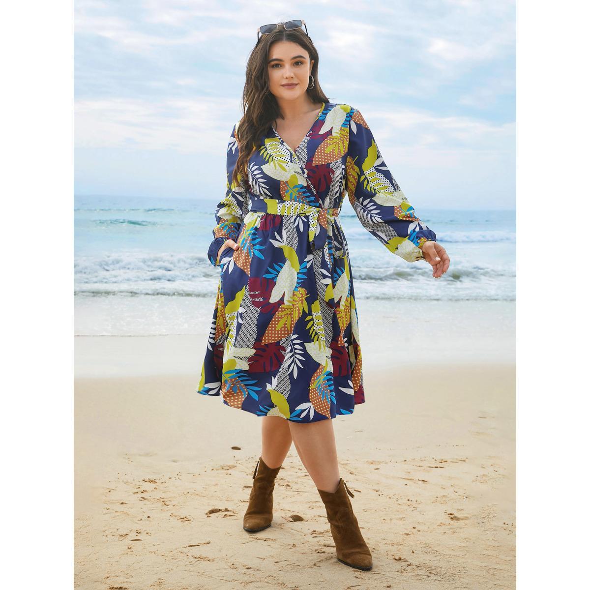 Plus Size Surplice Neck Tropical Leaf Pockets Midi Dress DarkBlue Women Elegant Belted Overlap Collar Long Sleeve Curvy BloomChic 26/4X Product Image
