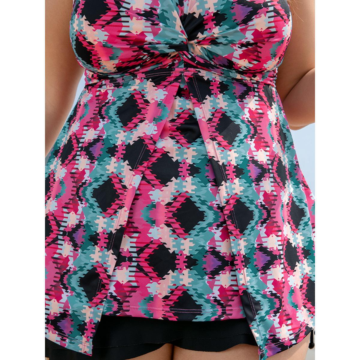 Plus Size Geometric Contrast Twist Front Split Hem Tankini Top Women's Swimwear Pink Vacation Adjustable Straps High stretch Bodycon Heart neckline Curve Swim Tops BloomChic 10/M Product Image