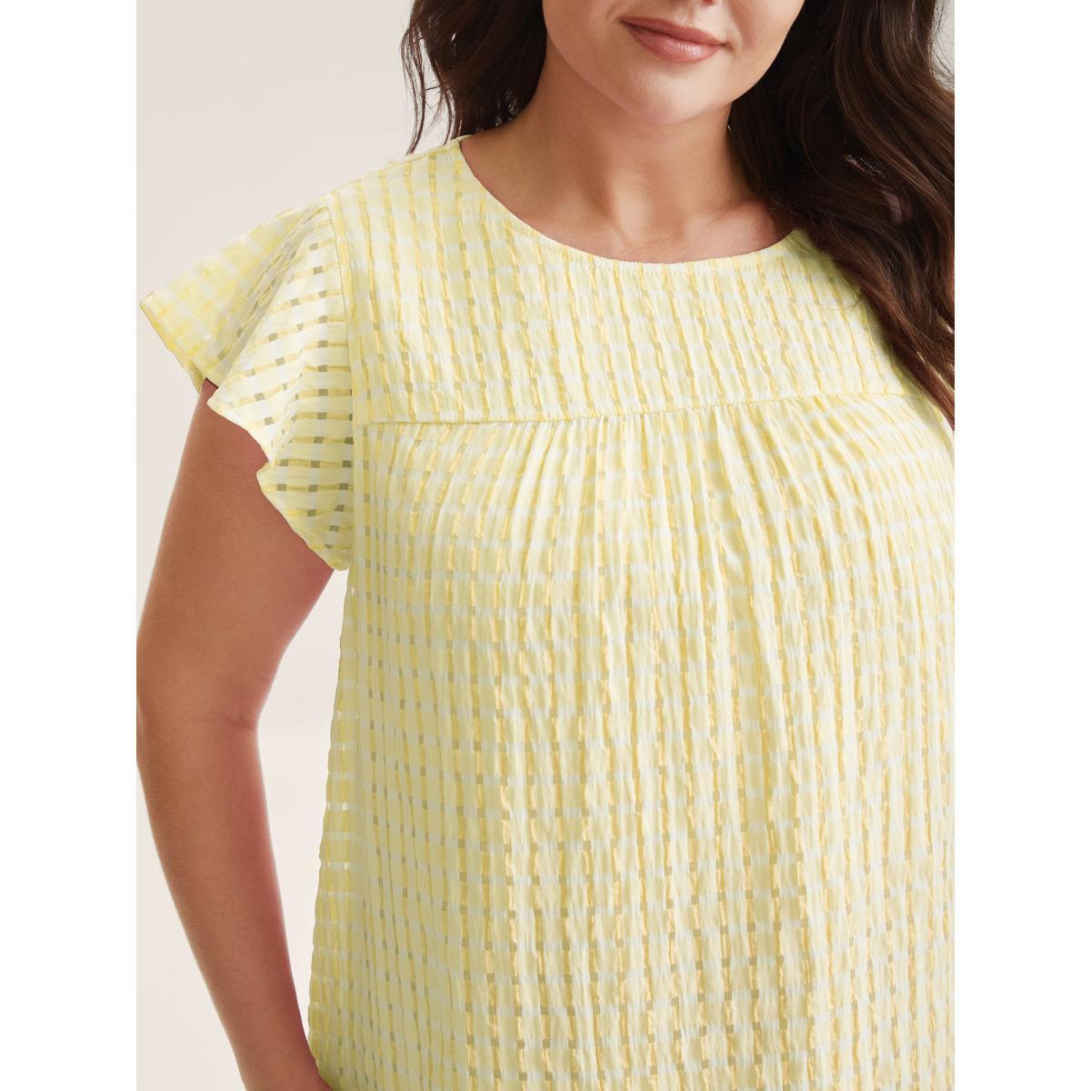 Plus Size Lightyellow Textured Sheer Lined Flutter Sleeve Blouse Women Cap Sleeve Round Neck Everyday-Casual Blouses BloomChic 30/6X Product Image