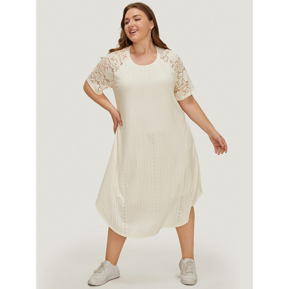 Plus Size Plain Lace Sleeve Pocket Arc Hem Broderie Anglaise Dress Beige Women Casual Lined Round Neck Short sleeve Curvy Midi Dress BloomChic 14-16/1X Product Image