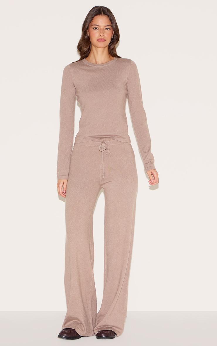 Deep Taupe Soft Knit Drawstring Waist Wide Leg Pants Product Image