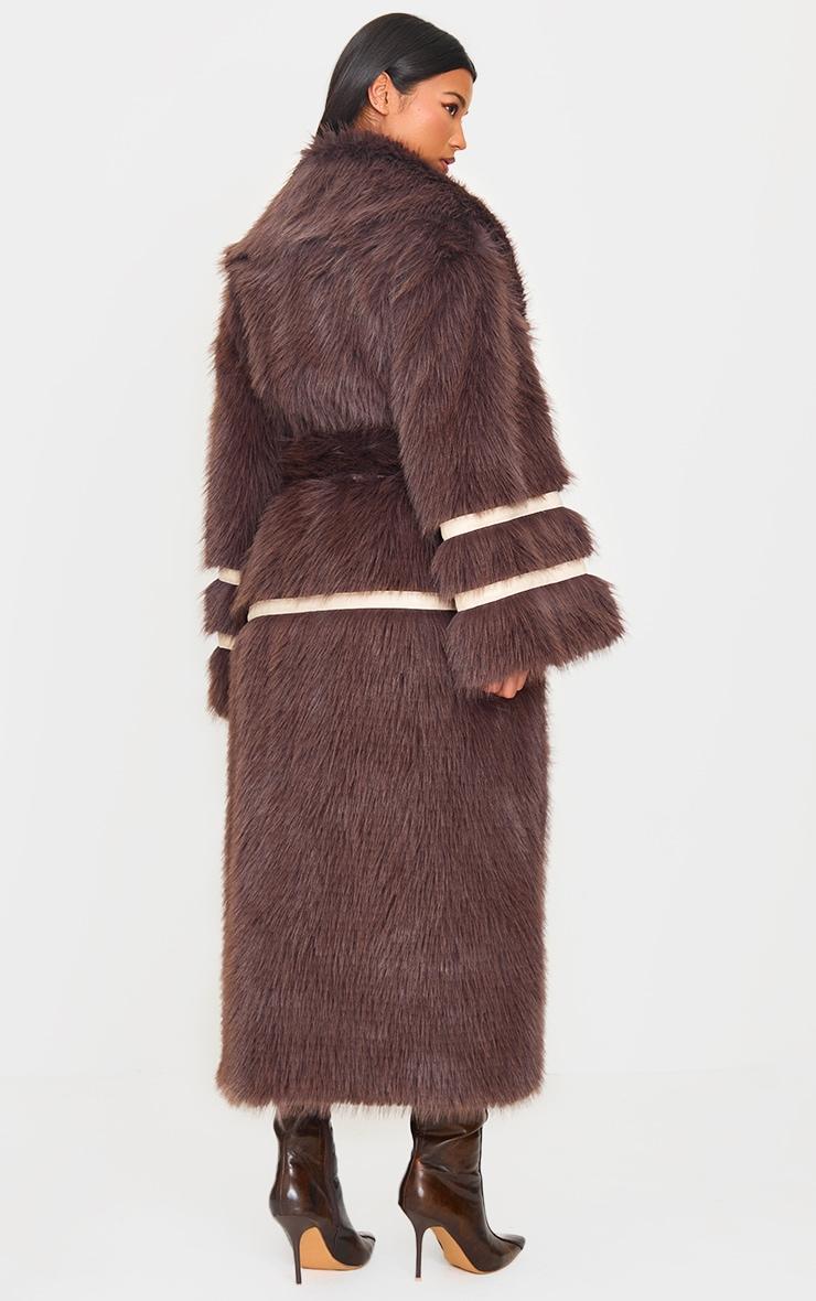 Brown Faux Fur Contrasting Faux Leather Trim Maxi Coat Product Image