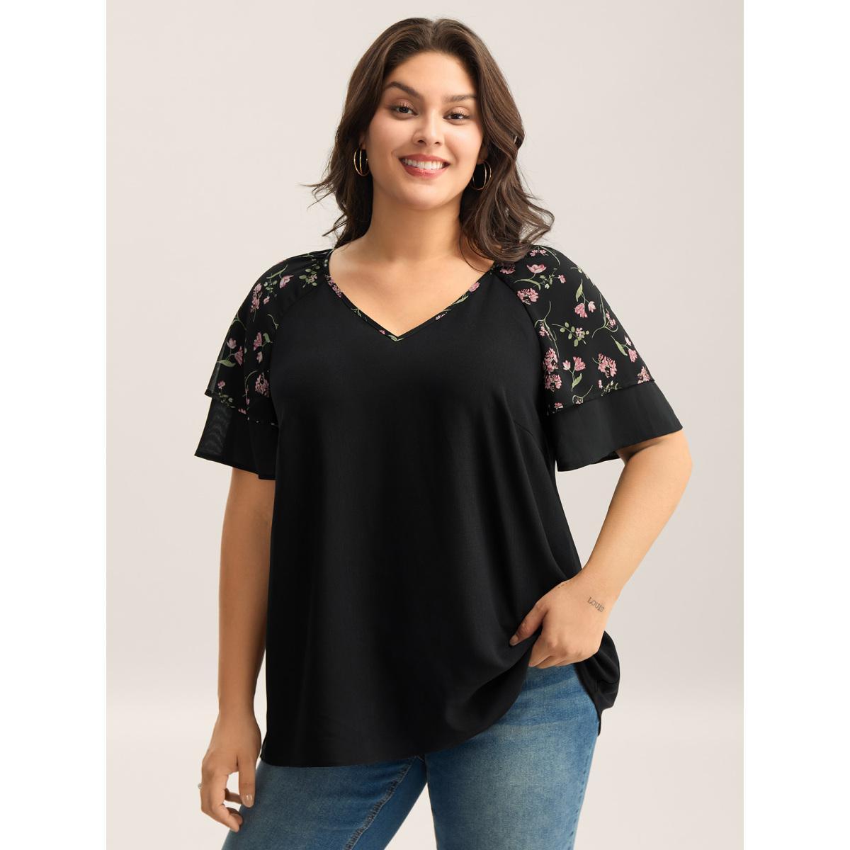 Plus Size Black Floral Layered Sleeve Solid Blouse Women Short sleeve V-neck Everyday-Casual Blouses BloomChic 22-24/3X Product Image