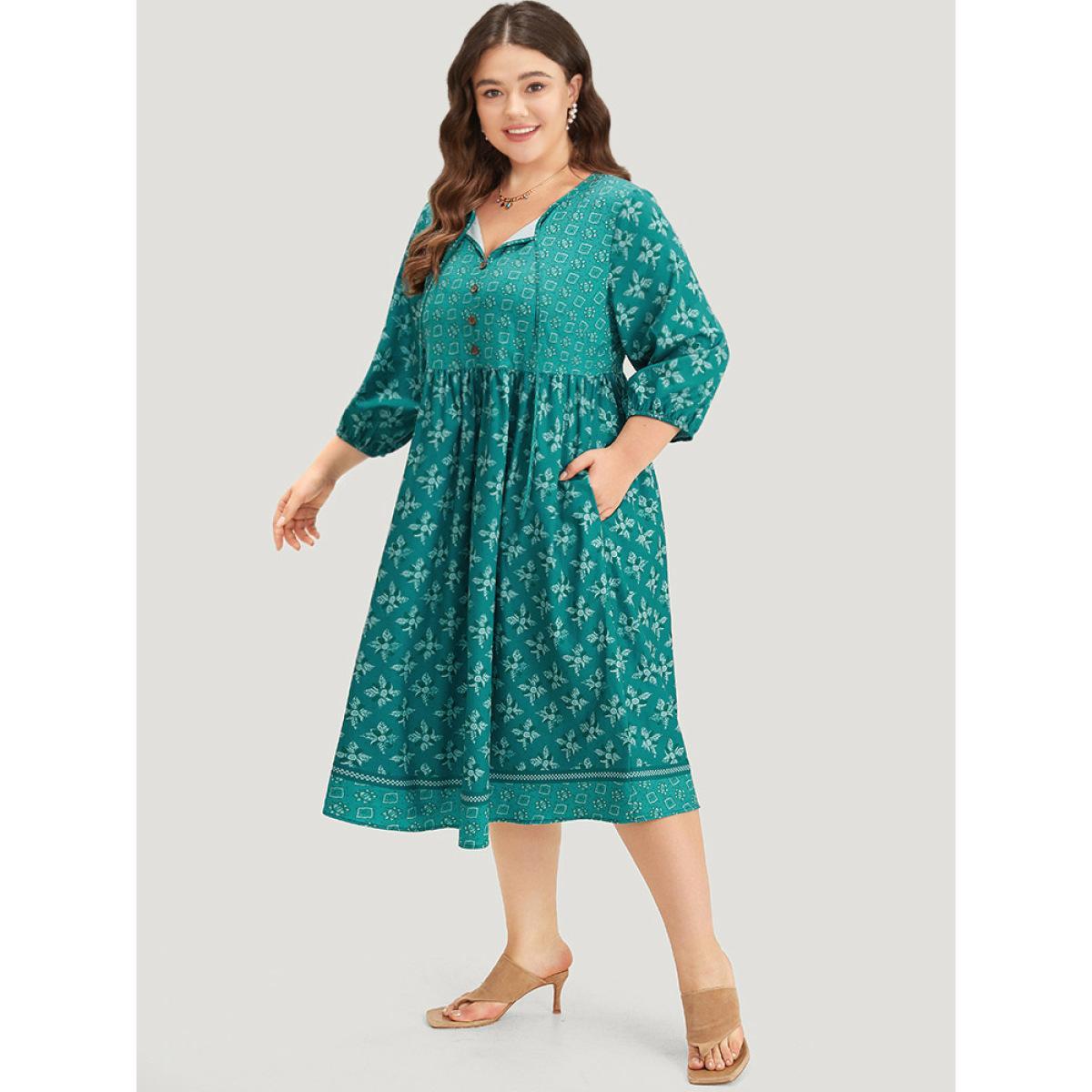 Plus Size Bandana Print Tie Neck Button Detail Dress Emerald Women Vacation Elastic cuffs Tie Neck Elbow-length sleeve Curvy Midi Dress BloomChic 30/6X Product Image