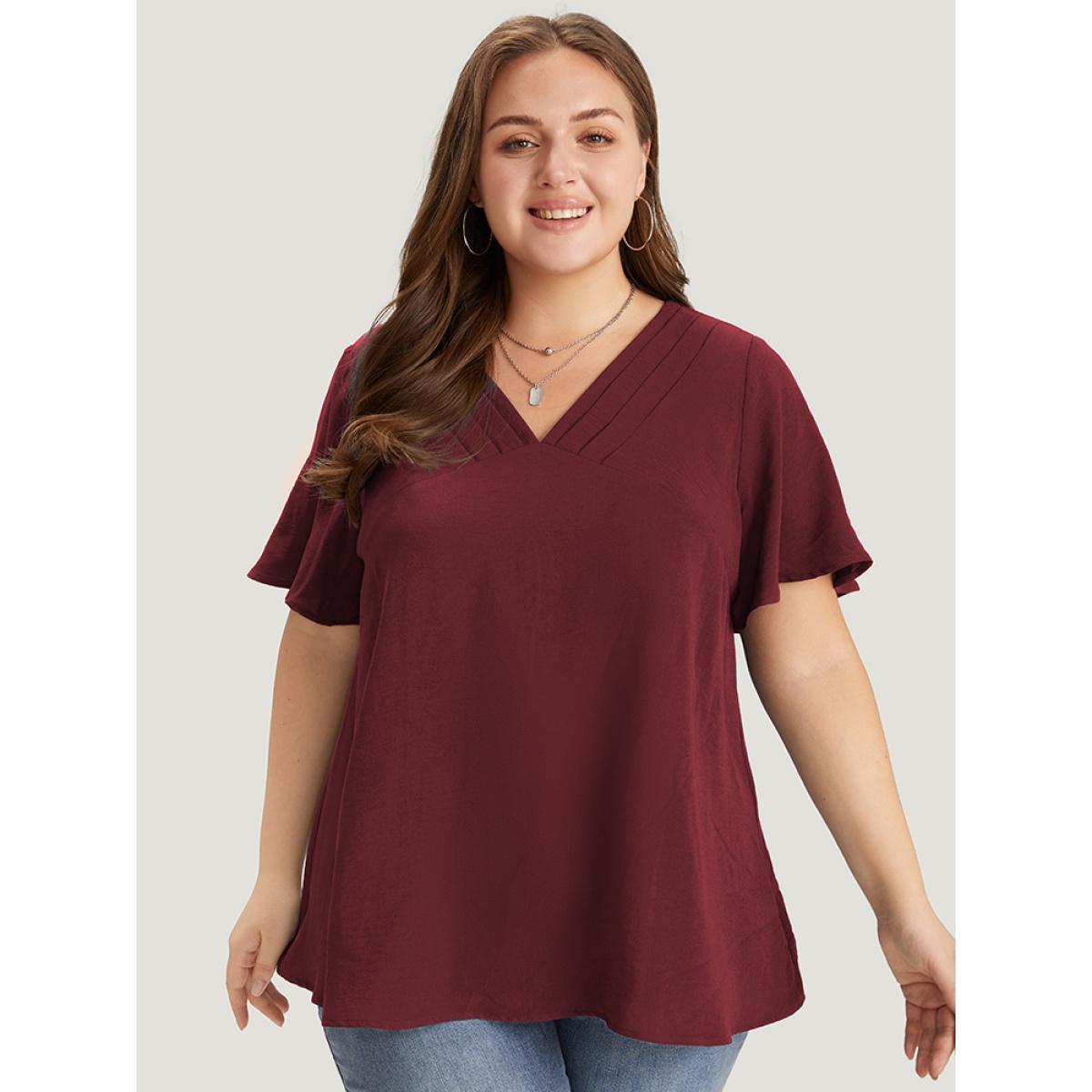 Plus Size Burgundy Solid Pleated V Neck Blouse Women Office Short sleeve V-neck Dailywear Blouses BloomChic 26/4X Product Image