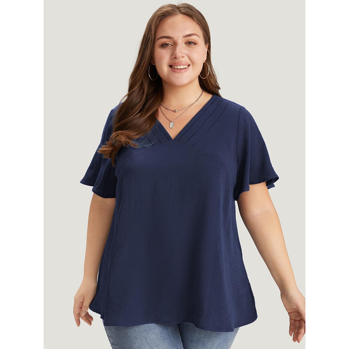 Plus Size Indigo Solid Pleated V Neck Blouse Women Office Short sleeve V-neck Dailywear Blouses BloomChic 18-20/2X Product Image