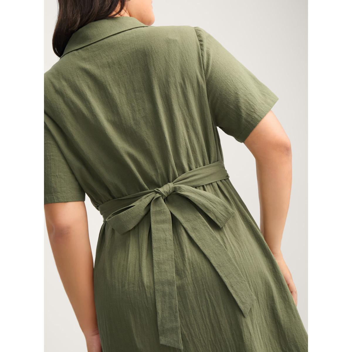 Plus Size Cotton Back-Tie Overlap Shirt Dress ArmyGreen Women Tie knot Shirt collar Short sleeve Curvy BloomChic 26/4X Product Image