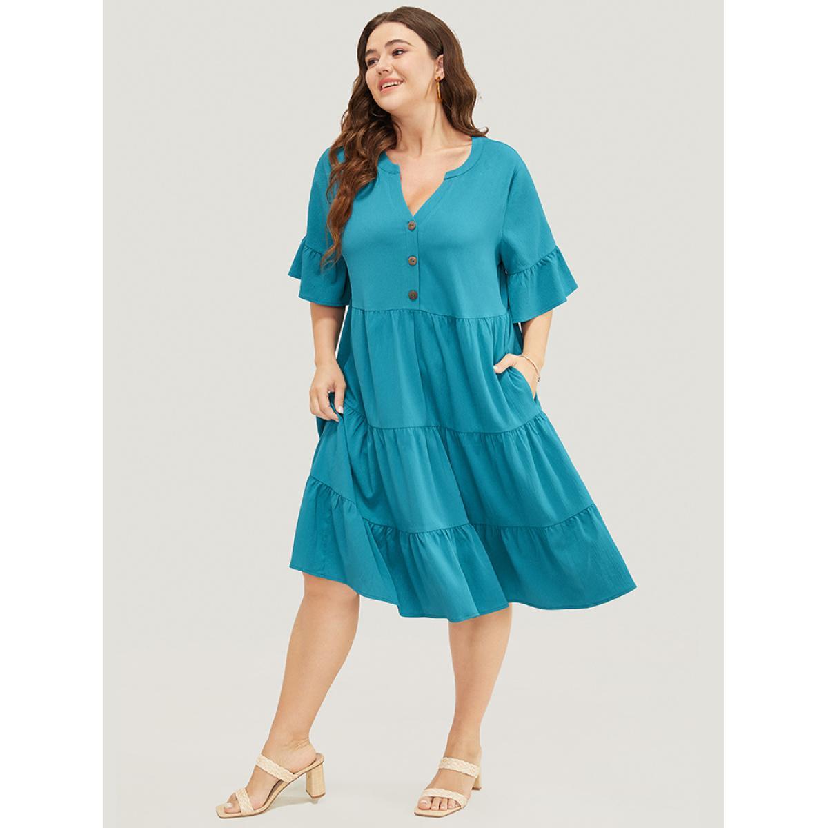 Plus Size Solid Button Detail Pocket Ruffle Tiered Bell Sleeve Midi Dress Cerulean Women Vacation Stand-up collar Half Sleeve Curvy Knee Dress BloomChic 10/M Product Image