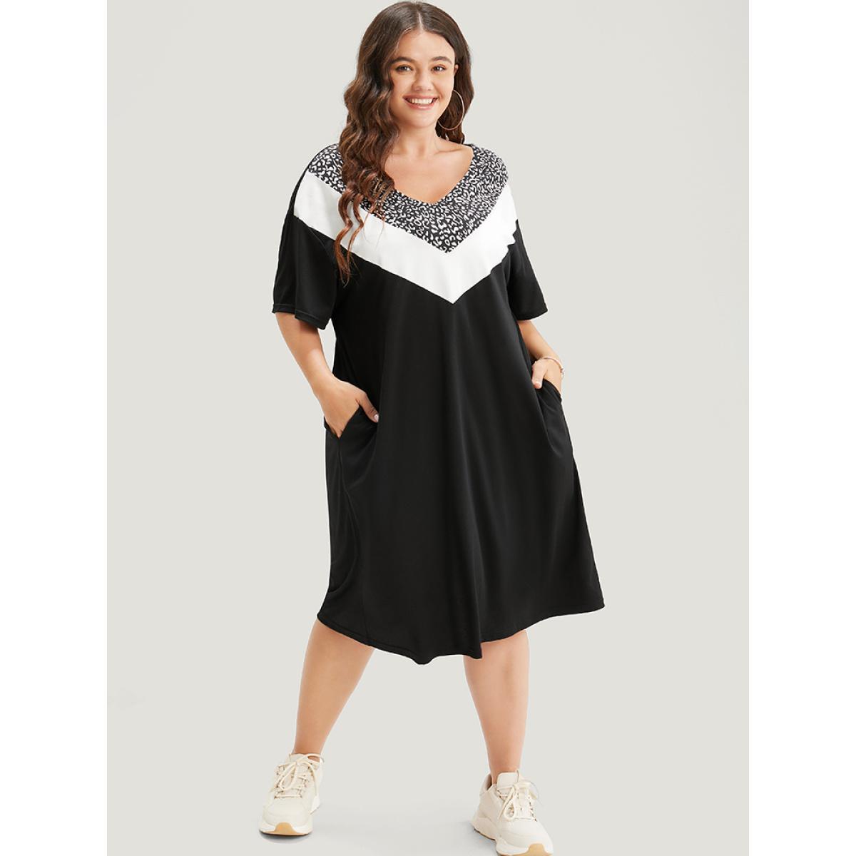 Plus Size Leopard Contrast Pocket Arc Hem Dress Black Women Casual Contrast V-neck Short sleeve Curvy Knee Dress BloomChic 10/M Product Image
