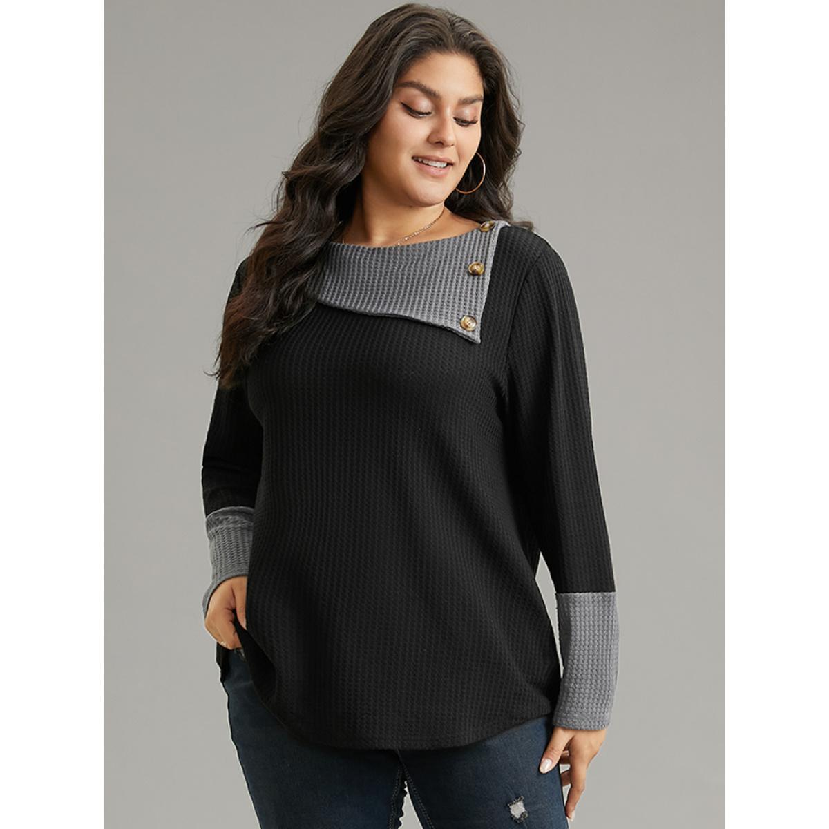 Plus Size Waffle Knit Lapel Collar Patchwork T-shirt Black Women Casual Waffle Knit Plain Round Neck Dailywear T-shirts BloomChic 18-20/2X Product Image