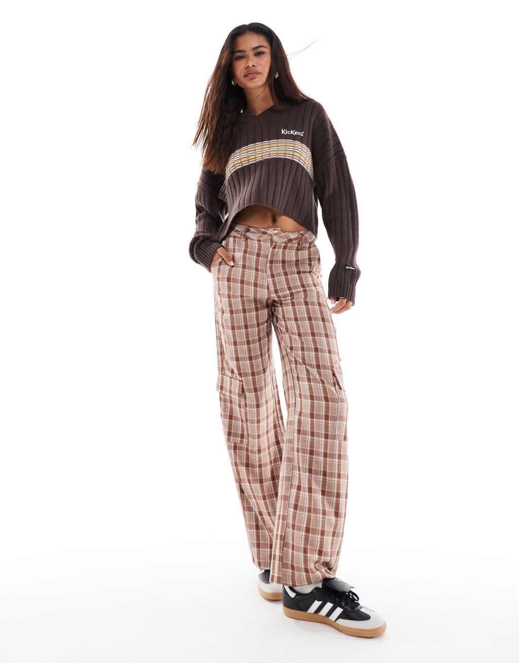 Kickers cropped knit cricket sweater with embroidered logo in brown Product Image