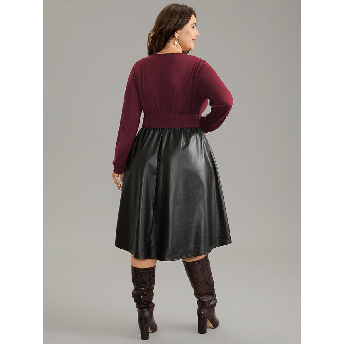 Plus Size PU Patchwork V Neck Dress With Belt Burgundy Women Office Plain V-neck Long Sleeve Curvy Knee Dress BloomChic 18-20/2X Product Image