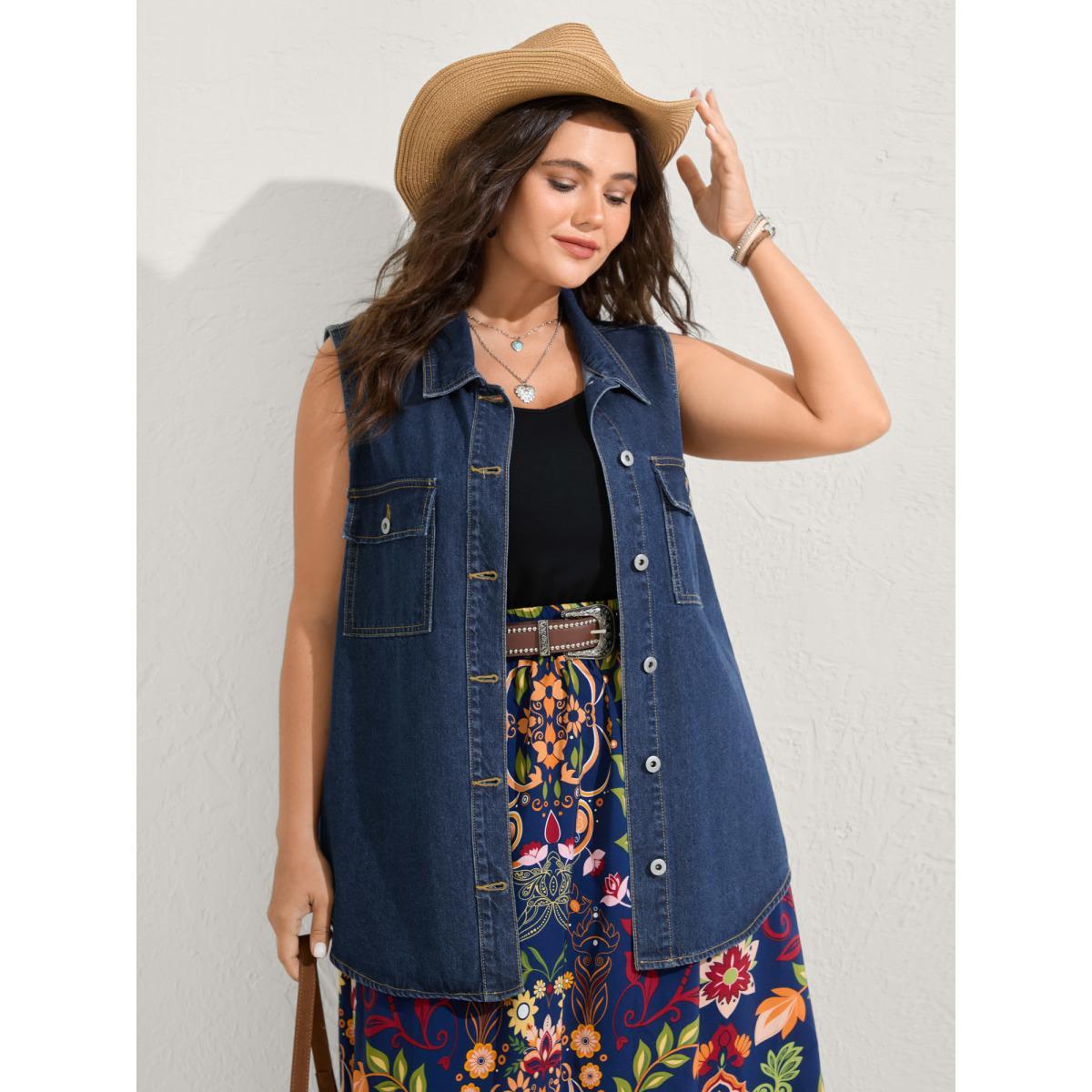 Women Button-Front Long Denim Vest Jacket Denimindigo Plus Size Button Vacation Patch pocket Denim Jackets BloomChic 14-16/1X Product Image