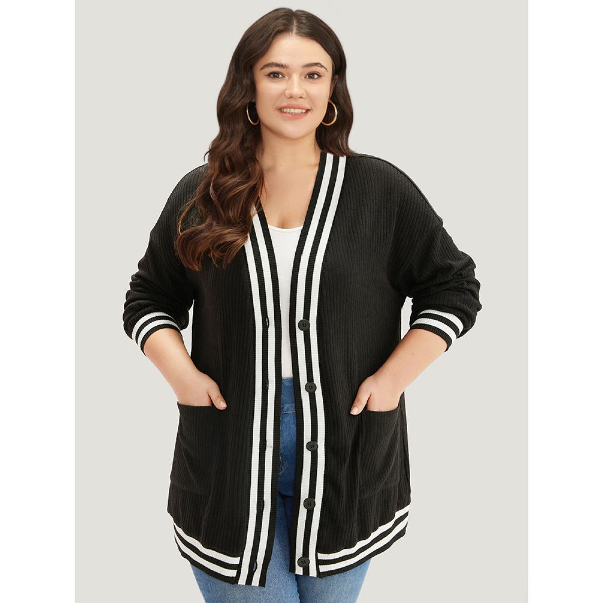 Plus Size Halloween Patchwork Striped Pocket Button Up Rib Knit Coat Women Black Casual Patchwork Ladies Dailywear Winter Coats BloomChic 30/6X Product Image