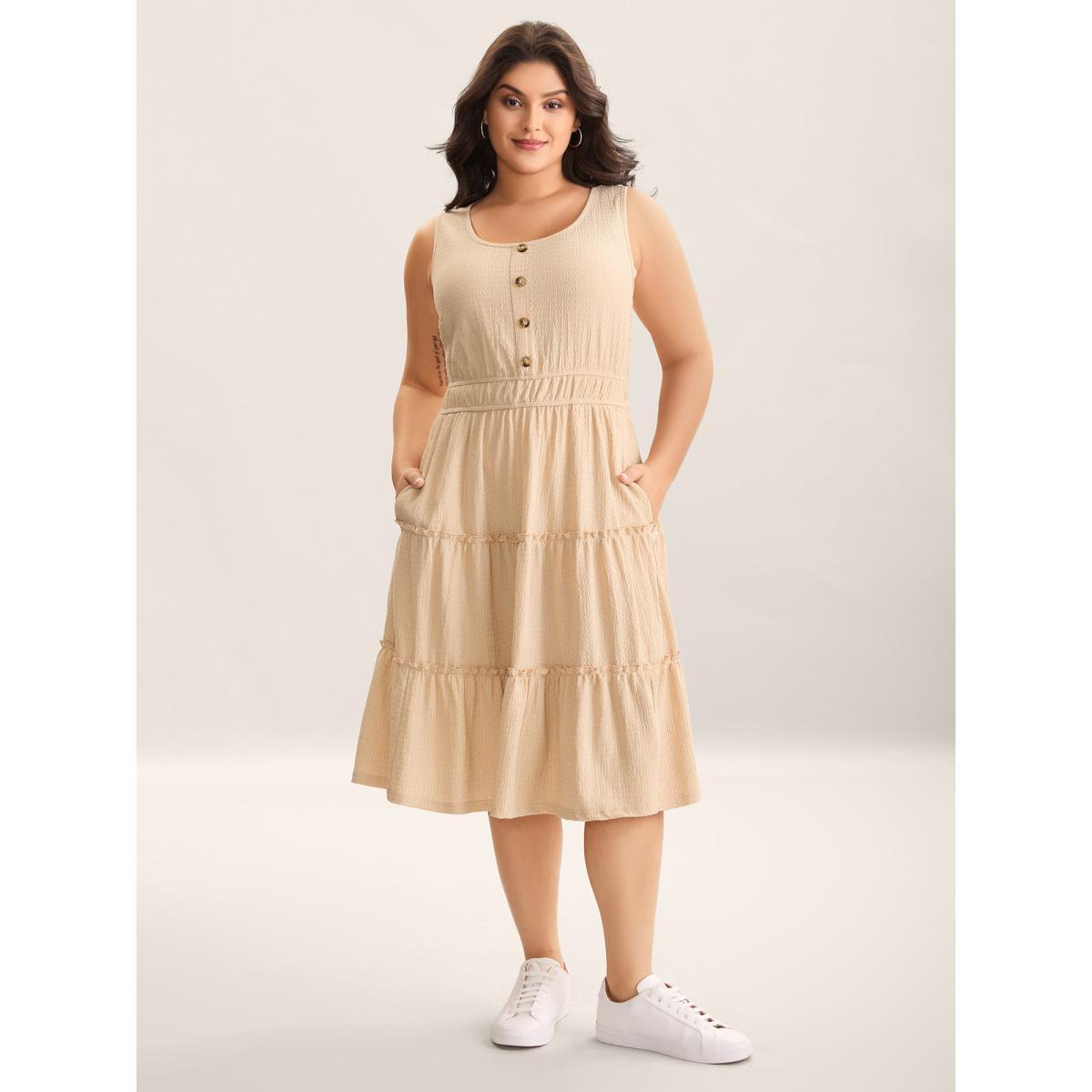 Plus Size Textured Stretchy Waist Button Midi Dress Wheat Women Non Sleeveless Curvy BloomChic 22-24/3X Product Image