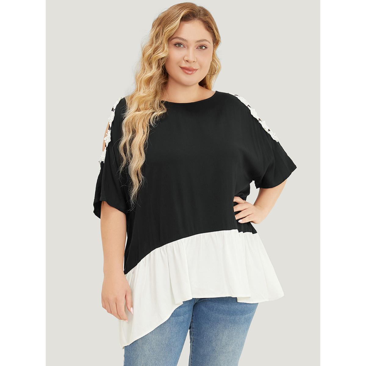 Plus Size Black Floral Appliques Patchwork Asymmetrical Hem Cold Shoulder Blouse Women Elegant Short sleeve Cold Shoulder Dailywear Blouses BloomChic 10/M Product Image