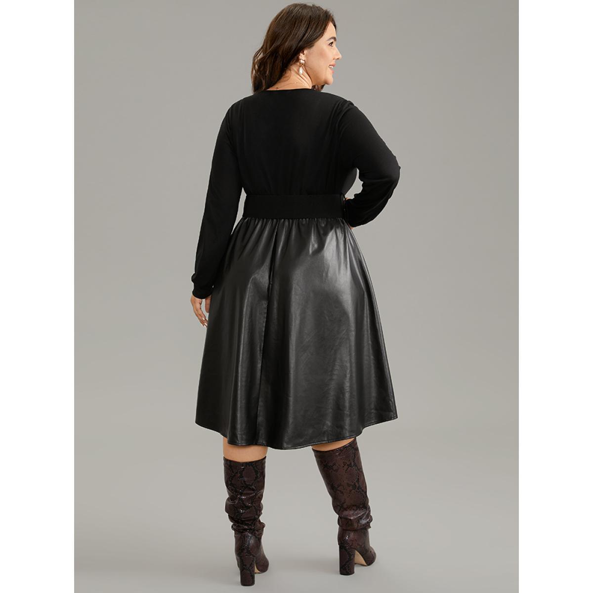 Plus Size PU Patchwork V Neck Dress With Belt Black Women Office Plain V-neck Long Sleeve Curvy Knee Dress BloomChic 12/L Product Image