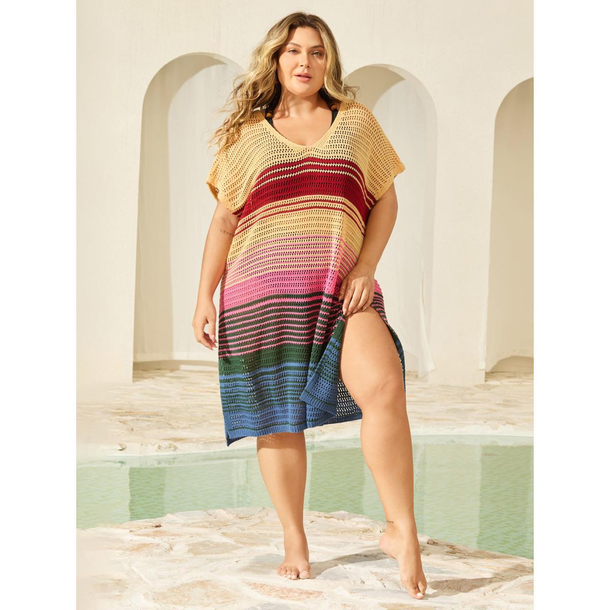 Plus Size Color Contrast Crochet Swim Cover-Up Women's Swimwear Multicolor Beach Loose Curve Swim Cover Ups BloomChic 30/6X Product Image