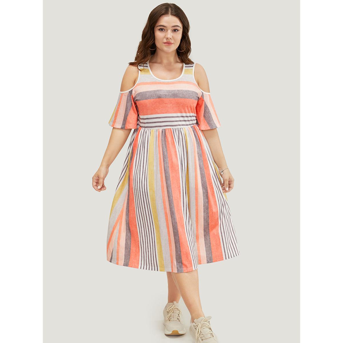 Plus Size Striped Contrast Pocket Cold Shoulder Ruffle Midi Dress Multicolor Women Casual Contrast Cold Shoulder Short sleeve Curvy Midi Dress BloomChic 12/L Product Image