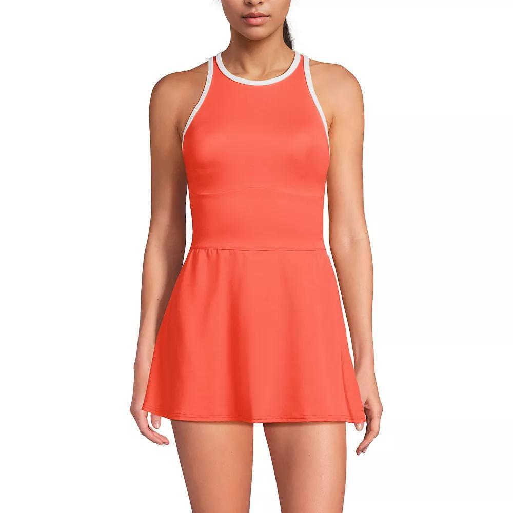 Women's Lands' End Tugless High Neck Swim Dress Swimsuit, Size: 10, Papaya Orange White Product Image