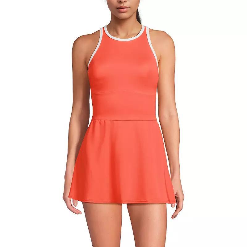 Women's Lands' End Tugless High Neck Swim Dress Swimsuit, Size: 10, Papaya Orange White Product Image