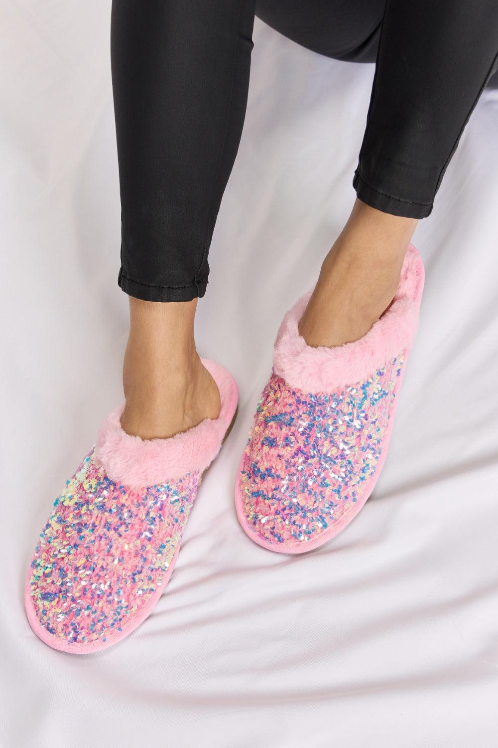 Pink Sequin Plush Slippers Product Image
