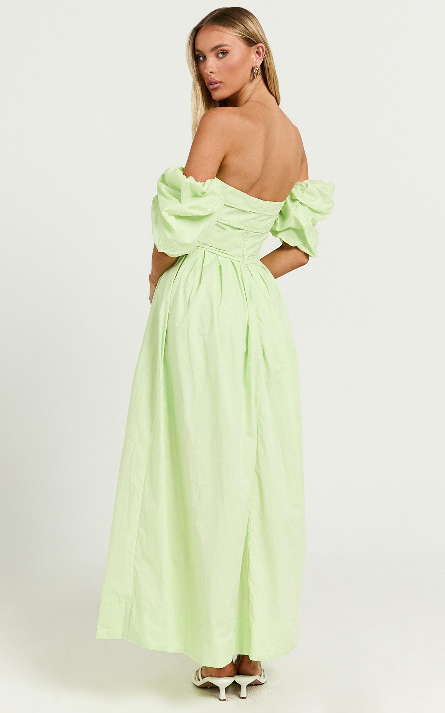 Annie Midi Dress - Off The Shoulder Ruffle Sleeve Pleated Dress in Lime Product Image
