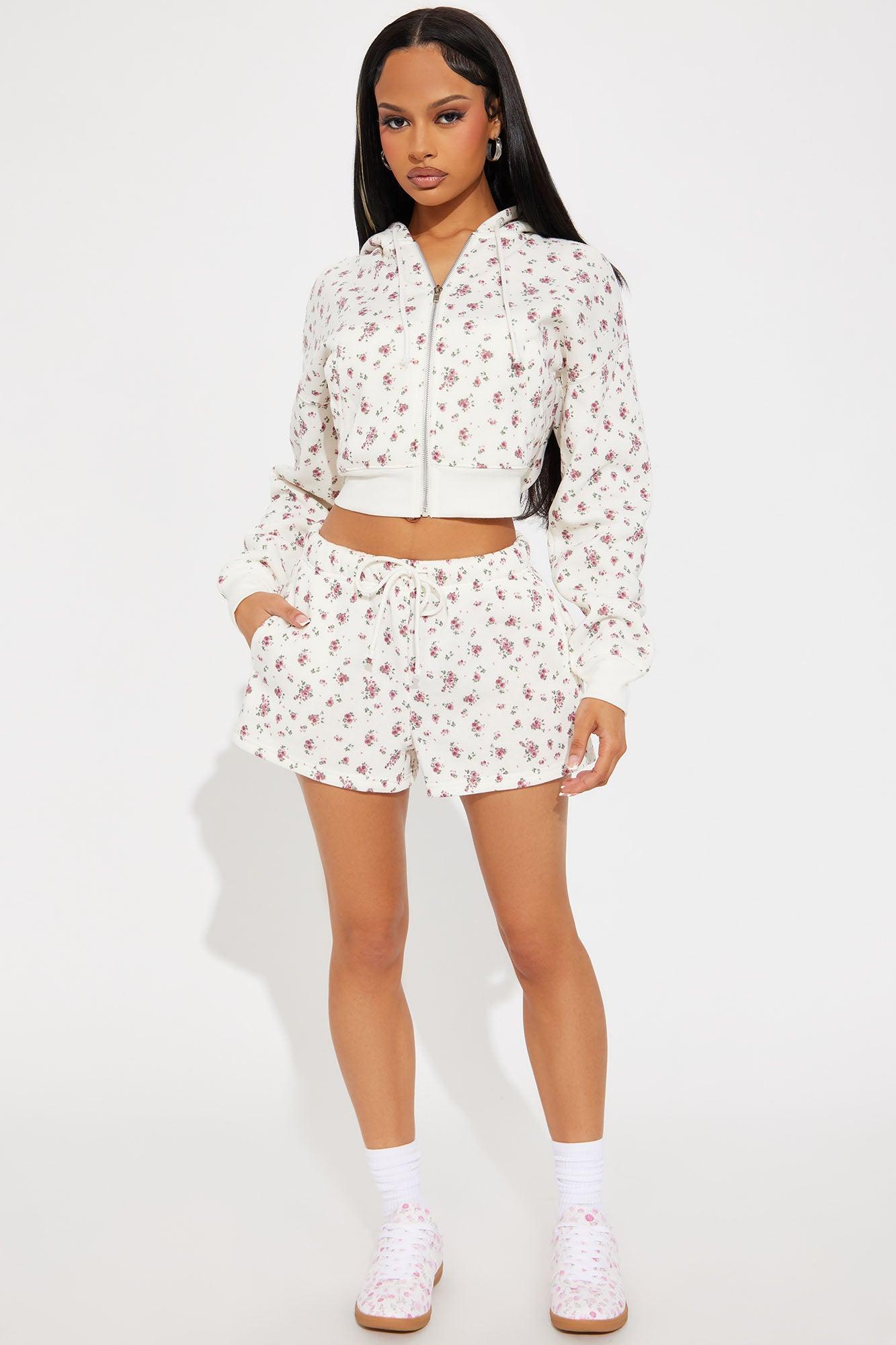 All The Flowers Fleece Short Set - Ivory/combo Product Image