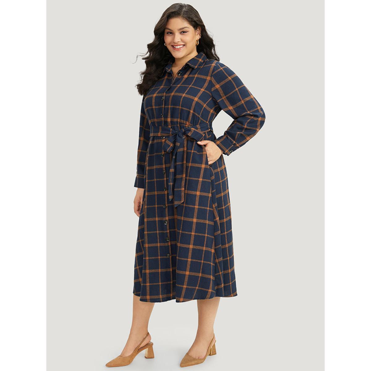 Plus Size Plaid Shirt Collar Button Fly Belted Dress Navy Women Office Belted Shirt collar Long Sleeve Curvy Midi Dress BloomChic 18-20/2X Product Image