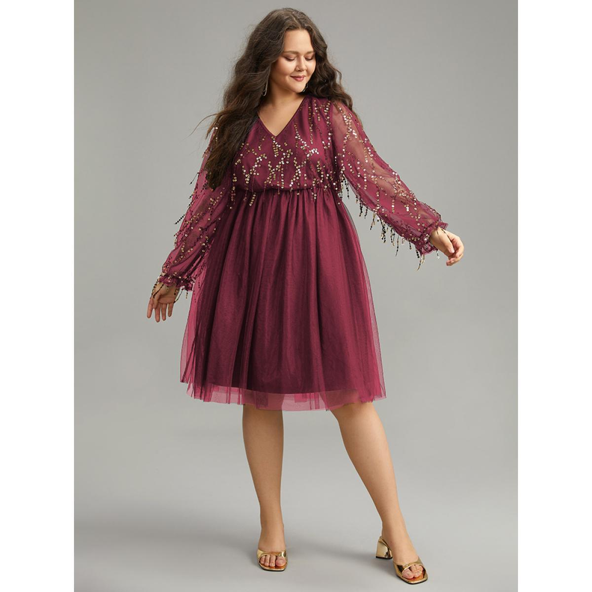 Plus Size Sequin Mesh Patchwork Tassel Dress Scarlet Women Cocktail Gathered Overlap Collar Long Sleeve Curvy Knee Dress BloomChic 18-20/2X Product Image