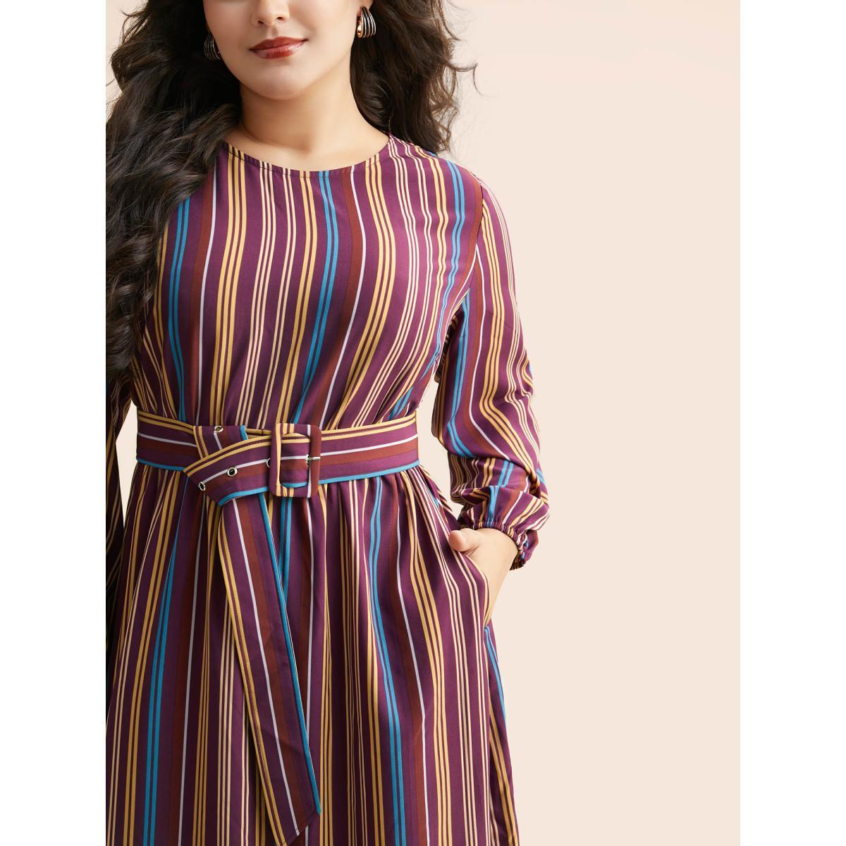 Plus Size Round Neck Contrast Striped Belted Dress Deeppurplered Women At the Office Belted Round Neck Long Sleeve Curvy BloomChic 28/5X Product Image