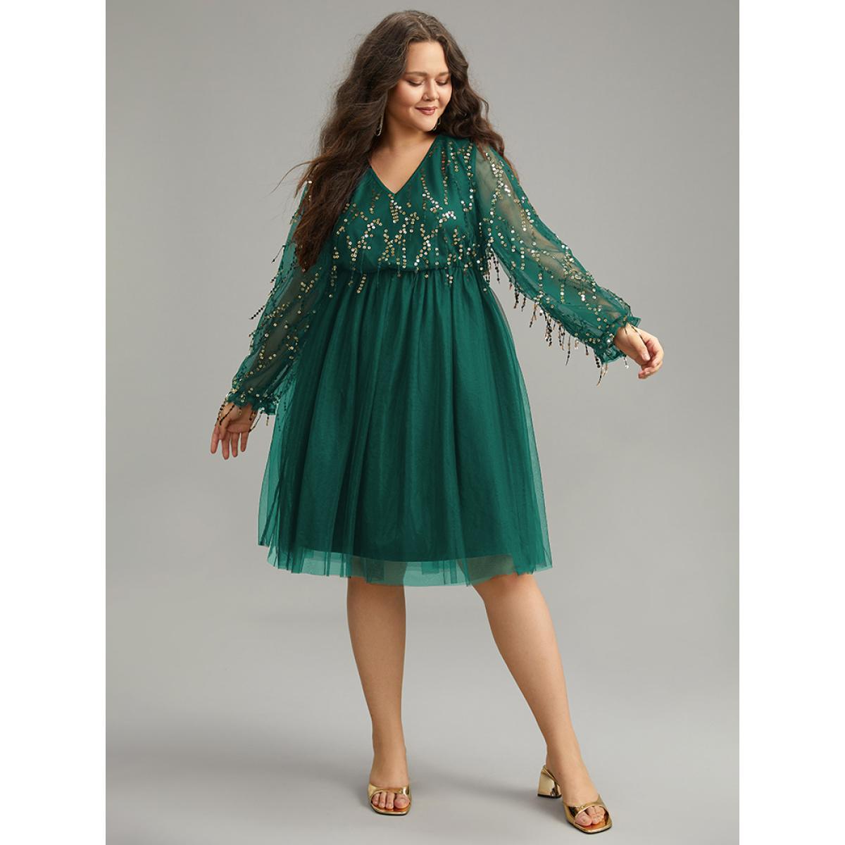 Plus Size Sequin Mesh Patchwork Tassel Dress Emerald Women Cocktail Gathered Overlap Collar Long Sleeve Curvy Knee Dress BloomChic 10/M Product Image