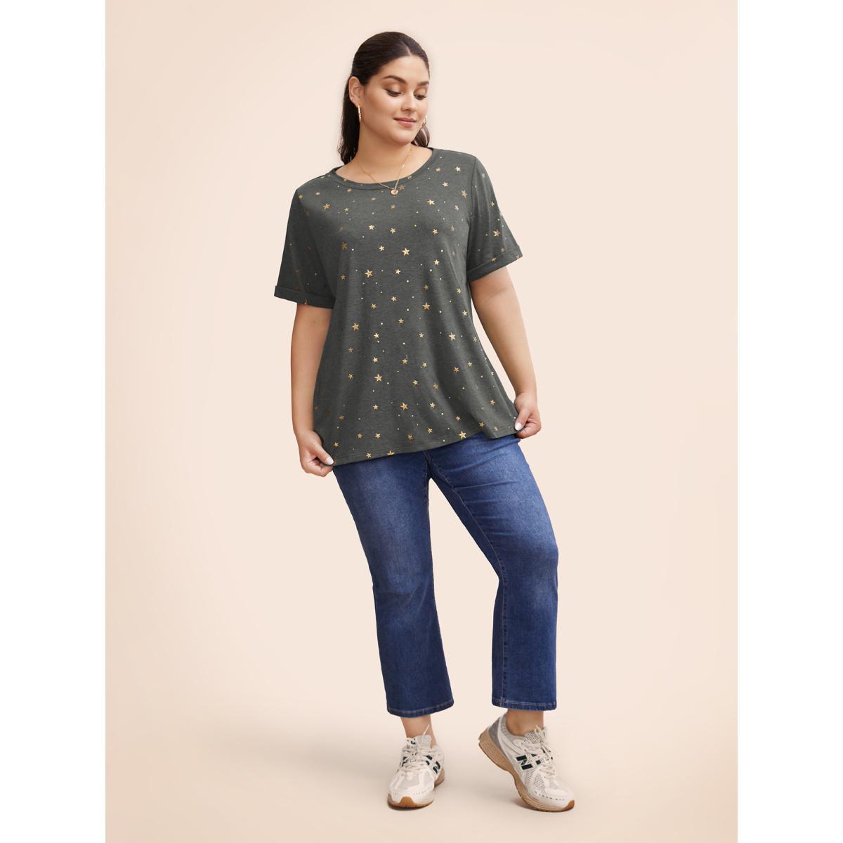 Plus Size Star Glitter Cuffed Sleeve Crew Neck T-shirt DimGray Women Casual Heather Moon and Star Round Neck Dailywear T-shirts BloomChic 30/6X Product Image