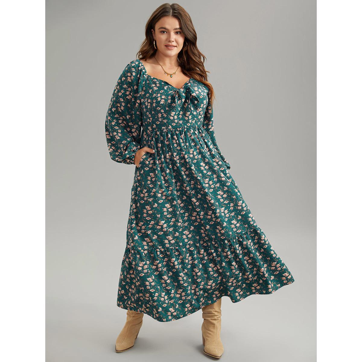 Plus Size Ditsy Floral Square Neck Elastic Waist Ties Dress Teal Women Vacation Elastic cuffs Square Neck Long Sleeve Curvy Midi Dress BloomChic 22-24/3X Product Image
