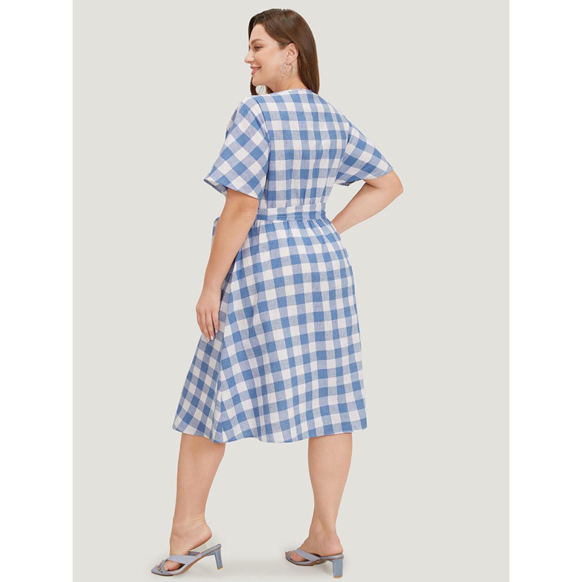 Plus Size Colour Plaid Belted Surplice Neck Ruffles Dress LightBlue Women Vacation Wrap V-neck Short sleeve Curvy Midi Dress BloomChic 12/L Product Image
