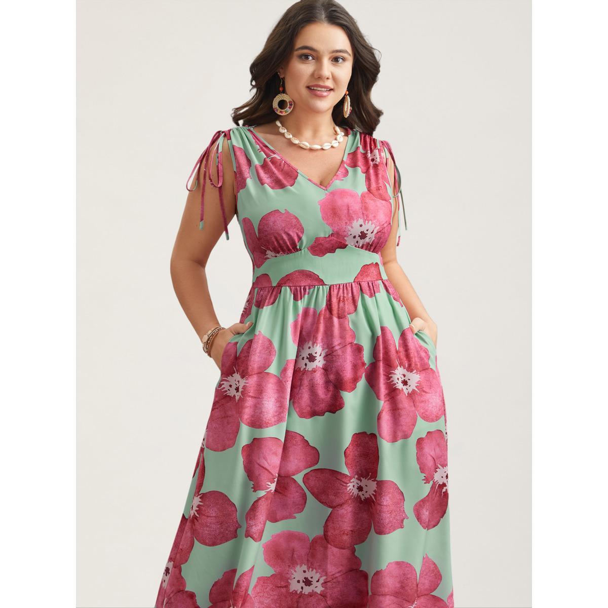 Plus Size Floral Print V-Neck Tied Midi Dress RedViolet Women Elegant Gathered V-neck Sleeveless Curvy BloomChic 26/4X Product Image